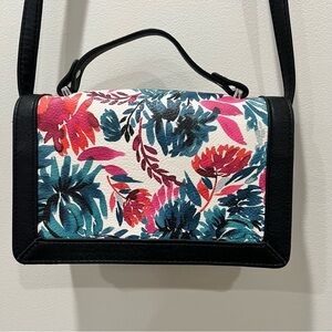 ENZO ANGIOLINI Black & Teal Painted Floral Top-Handle Cross Body Bag